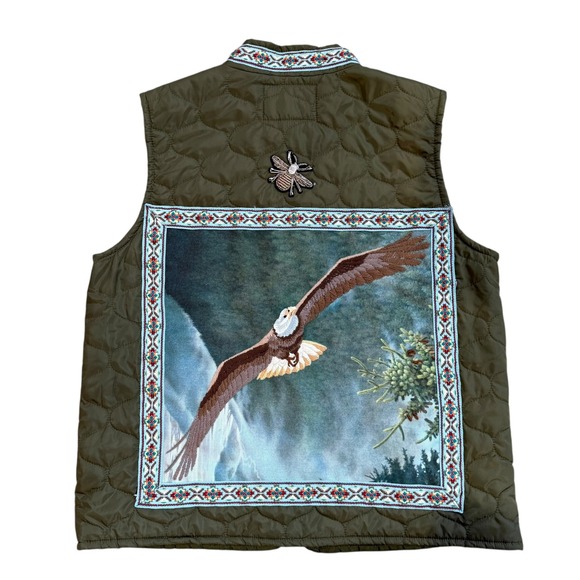 Lesäl Jackets & Blazers - Lesal Upcycled Quilted Vest 2XL Olive Green Eagle Owl Beaded Bee Tapestry